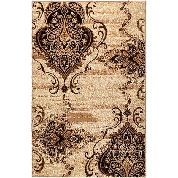 Charlton Home® Ertem Damask Area Rug in Dark Brown/Cream/Tan/Caramel